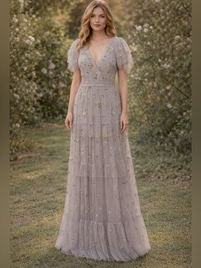 NEW Mac Duggal Gray Ruffle 9068 Tiered Embellished Flutter Sleeve Gown 4